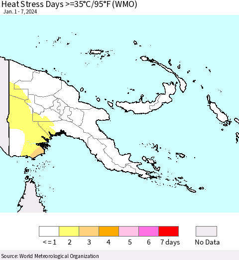 Papua New Guinea Heat Stress Days >=35°C/95°F (WMO) Thematic Map For 1/1/2024 - 1/7/2024