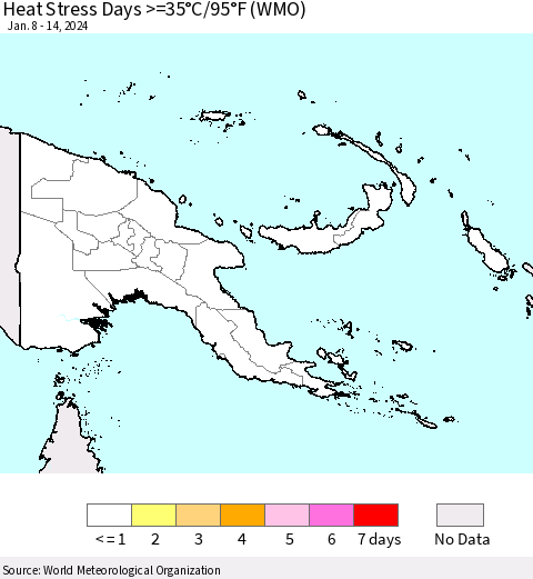 Papua New Guinea Heat Stress Days >=35°C/95°F (WMO) Thematic Map For 1/8/2024 - 1/14/2024