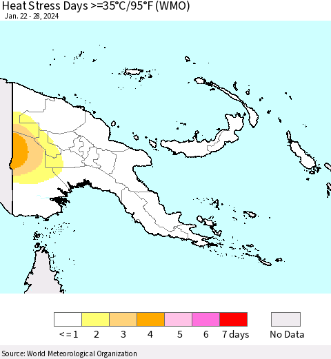 Papua New Guinea Heat Stress Days >=35°C/95°F (WMO) Thematic Map For 1/22/2024 - 1/28/2024