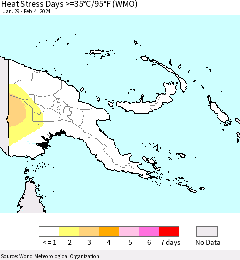 Papua New Guinea Heat Stress Days >=35°C/95°F (WMO) Thematic Map For 1/29/2024 - 2/4/2024