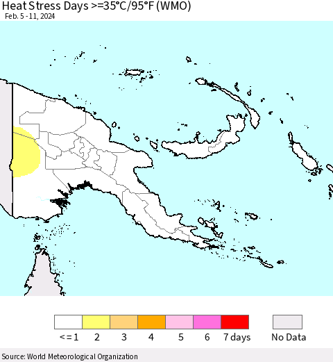 Papua New Guinea Heat Stress Days >=35°C/95°F (WMO) Thematic Map For 2/5/2024 - 2/11/2024