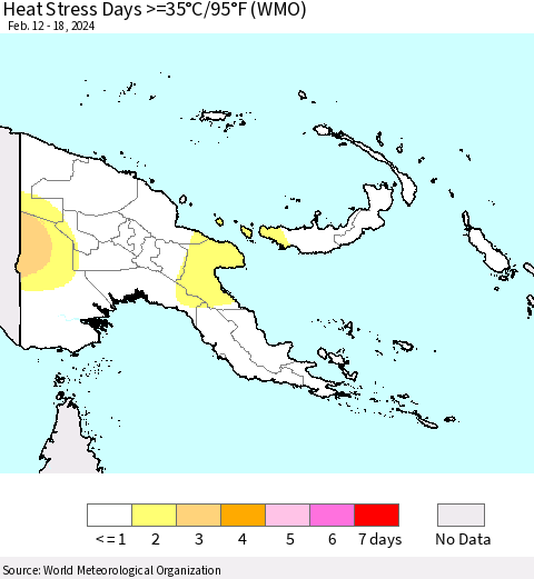 Papua New Guinea Heat Stress Days >=35°C/95°F (WMO) Thematic Map For 2/12/2024 - 2/18/2024