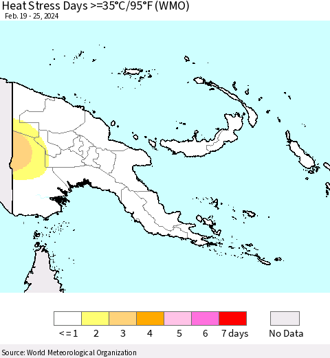 Papua New Guinea Heat Stress Days >=35°C/95°F (WMO) Thematic Map For 2/19/2024 - 2/25/2024