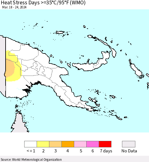 Papua New Guinea Heat Stress Days >=35°C/95°F (WMO) Thematic Map For 3/18/2024 - 3/24/2024