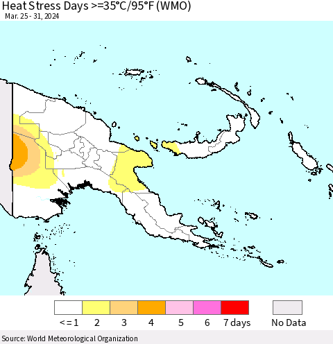Papua New Guinea Heat Stress Days >=35°C/95°F (WMO) Thematic Map For 3/25/2024 - 3/31/2024