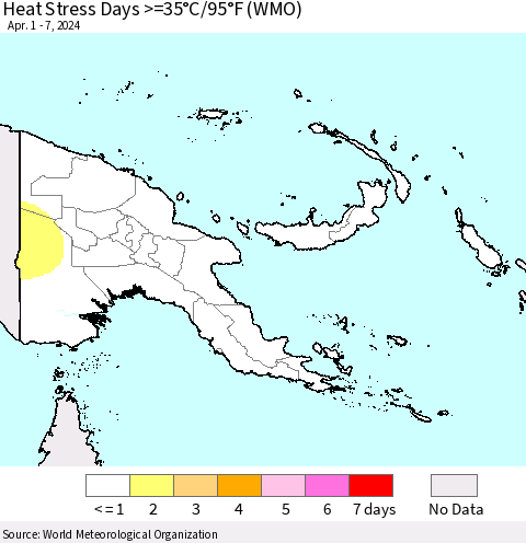 Papua New Guinea Heat Stress Days >=35°C/95°F (WMO) Thematic Map For 4/1/2024 - 4/7/2024