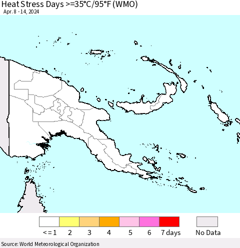 Papua New Guinea Heat Stress Days >=35°C/95°F (WMO) Thematic Map For 4/8/2024 - 4/14/2024