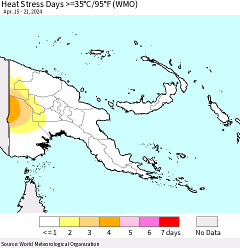 Papua New Guinea Heat Stress Days >=35°C/95°F (WMO) Thematic Map For 4/15/2024 - 4/21/2024