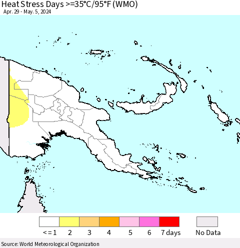 Papua New Guinea Heat Stress Days >=35°C/95°F (WMO) Thematic Map For 4/29/2024 - 5/5/2024