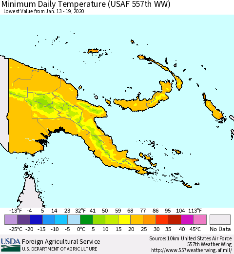 Papua New Guinea Minimum Daily Temperature (USAF 557th WW) Thematic Map For 1/13/2020 - 1/19/2020