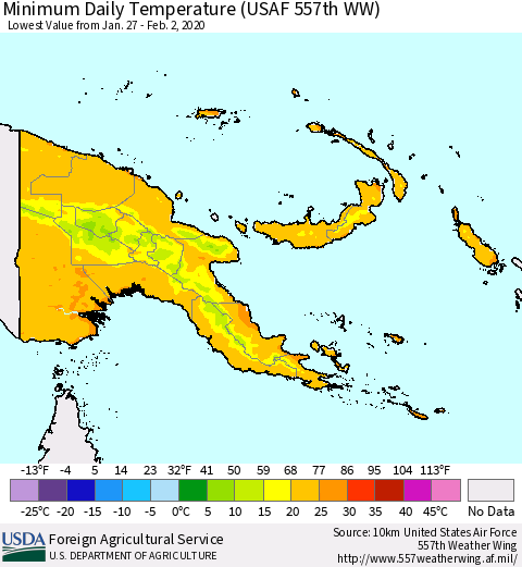 Papua New Guinea Minimum Daily Temperature (USAF 557th WW) Thematic Map For 1/27/2020 - 2/2/2020