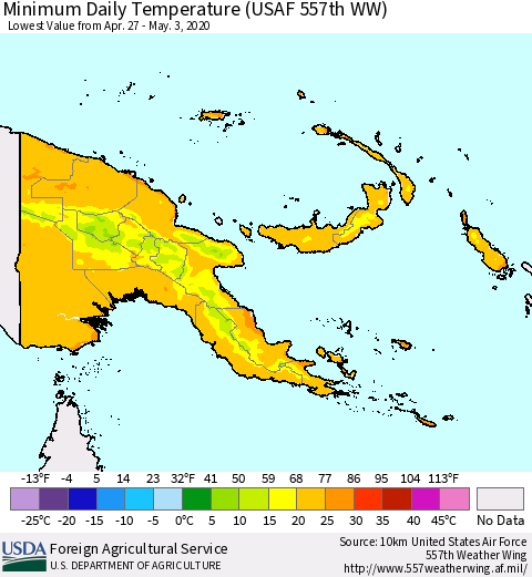 Papua New Guinea Minimum Daily Temperature (USAF 557th WW) Thematic Map For 4/27/2020 - 5/3/2020