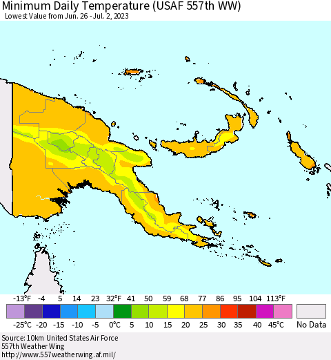 Papua New Guinea Minimum Daily Temperature (USAF 557th WW) Thematic Map For 6/26/2023 - 7/2/2023
