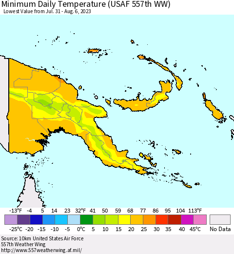 Papua New Guinea Minimum Daily Temperature (USAF 557th WW) Thematic Map For 7/31/2023 - 8/6/2023