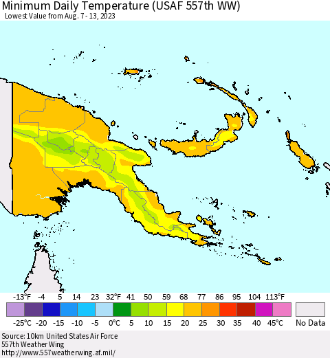 Papua New Guinea Minimum Daily Temperature (USAF 557th WW) Thematic Map For 8/7/2023 - 8/13/2023
