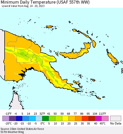 Papua New Guinea Minimum Daily Temperature (USAF 557th WW) Thematic Map For 8/14/2023 - 8/20/2023