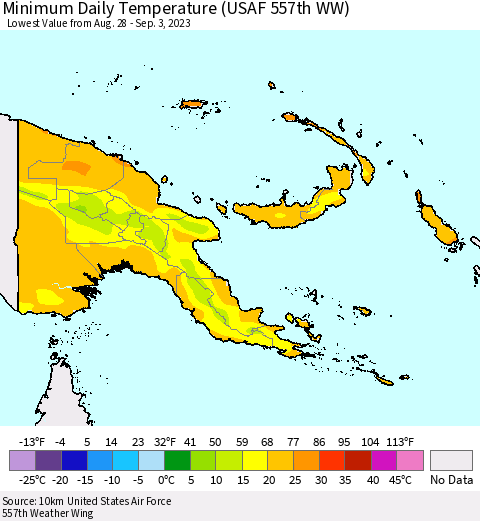Papua New Guinea Minimum Daily Temperature (USAF 557th WW) Thematic Map For 8/28/2023 - 9/3/2023