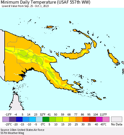 Papua New Guinea Minimum Daily Temperature (USAF 557th WW) Thematic Map For 9/25/2023 - 10/1/2023