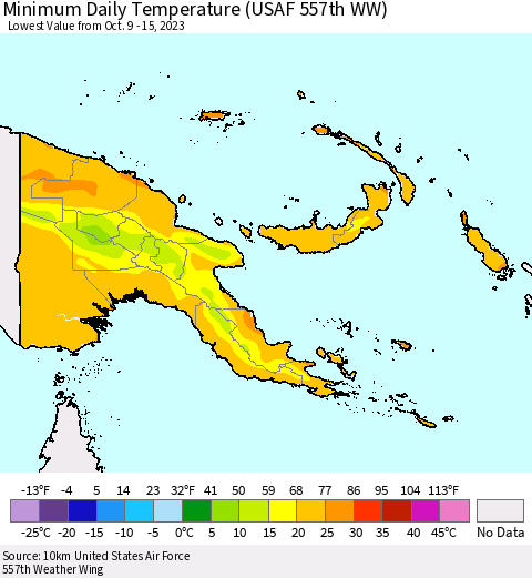 Papua New Guinea Minimum Daily Temperature (USAF 557th WW) Thematic Map For 10/9/2023 - 10/15/2023