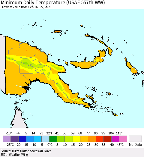 Papua New Guinea Minimum Daily Temperature (USAF 557th WW) Thematic Map For 10/16/2023 - 10/22/2023
