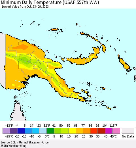 Papua New Guinea Minimum Daily Temperature (USAF 557th WW) Thematic Map For 10/23/2023 - 10/29/2023