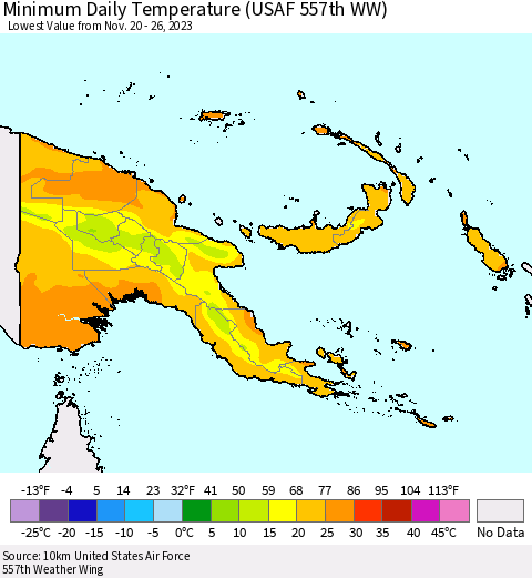 Papua New Guinea Minimum Daily Temperature (USAF 557th WW) Thematic Map For 11/20/2023 - 11/26/2023