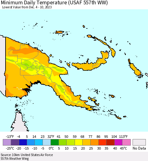 Papua New Guinea Minimum Daily Temperature (USAF 557th WW) Thematic Map For 12/4/2023 - 12/10/2023