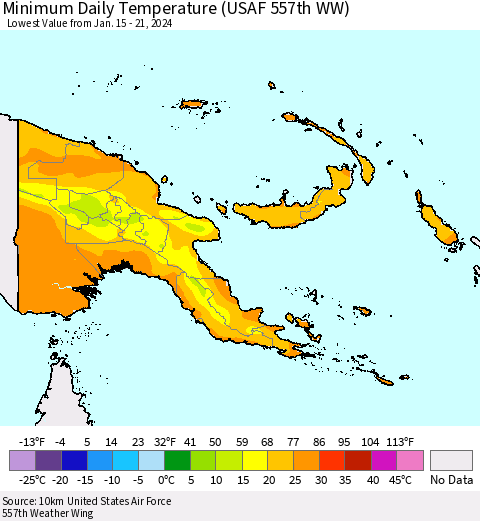 Papua New Guinea Minimum Daily Temperature (USAF 557th WW) Thematic Map For 1/15/2024 - 1/21/2024
