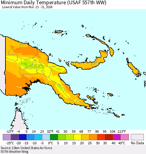 Papua New Guinea Minimum Daily Temperature (USAF 557th WW) Thematic Map For 3/25/2024 - 3/31/2024