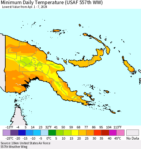 Papua New Guinea Minimum Daily Temperature (USAF 557th WW) Thematic Map For 4/1/2024 - 4/7/2024