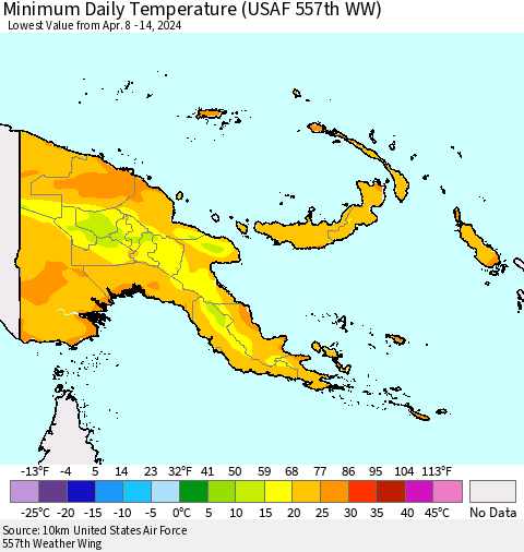 Papua New Guinea Minimum Daily Temperature (USAF 557th WW) Thematic Map For 4/8/2024 - 4/14/2024