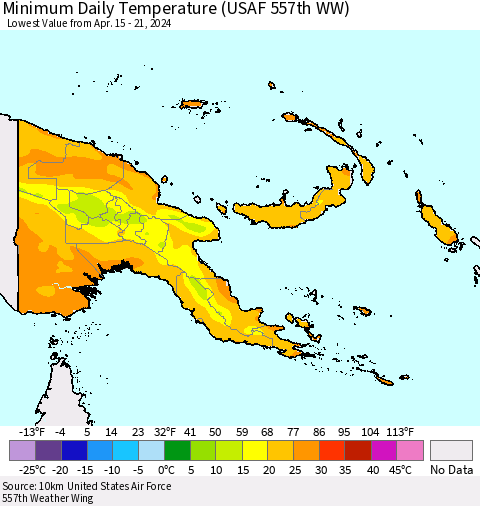 Papua New Guinea Minimum Daily Temperature (USAF 557th WW) Thematic Map For 4/15/2024 - 4/21/2024