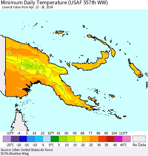 Papua New Guinea Minimum Daily Temperature (USAF 557th WW) Thematic Map For 4/22/2024 - 4/28/2024