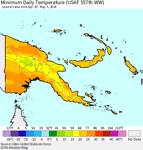 Papua New Guinea Minimum Daily Temperature (USAF 557th WW) Thematic Map For 4/29/2024 - 5/5/2024