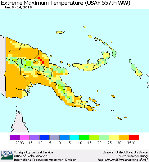 Papua New Guinea Maximum Daily Temperature (USAF 557th WW) Thematic Map For 1/8/2018 - 1/14/2018