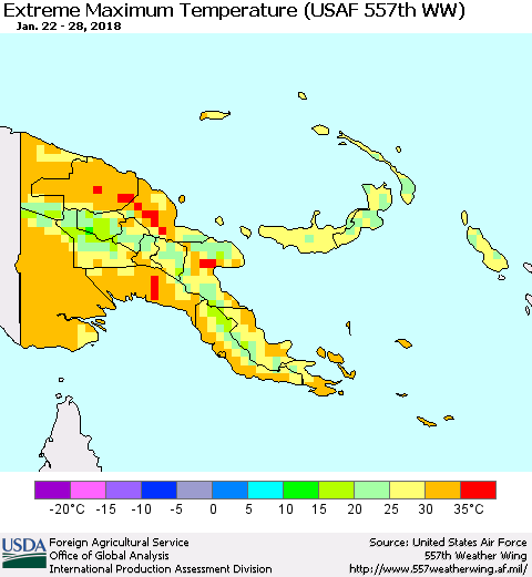 Papua New Guinea Maximum Daily Temperature (USAF 557th WW) Thematic Map For 1/22/2018 - 1/28/2018