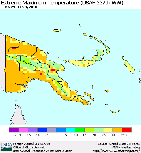Papua New Guinea Maximum Daily Temperature (USAF 557th WW) Thematic Map For 1/29/2018 - 2/4/2018