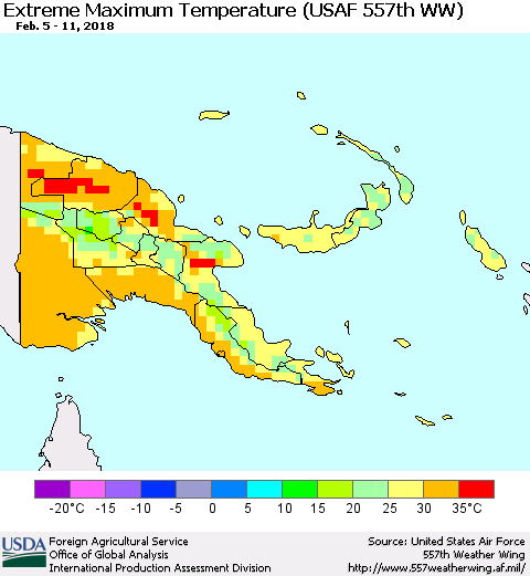 Papua New Guinea Maximum Daily Temperature (USAF 557th WW) Thematic Map For 2/5/2018 - 2/11/2018