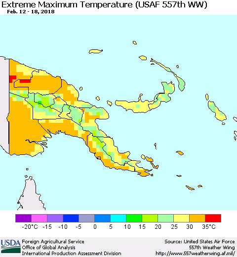 Papua New Guinea Maximum Daily Temperature (USAF 557th WW) Thematic Map For 2/12/2018 - 2/18/2018
