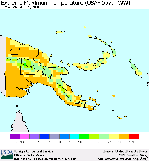 Papua New Guinea Maximum Daily Temperature (USAF 557th WW) Thematic Map For 3/26/2018 - 4/1/2018