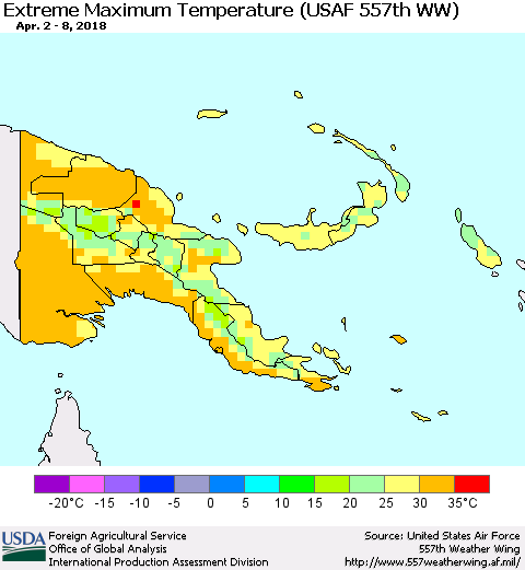Papua New Guinea Maximum Daily Temperature (USAF 557th WW) Thematic Map For 4/2/2018 - 4/8/2018