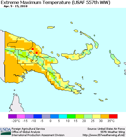 Papua New Guinea Maximum Daily Temperature (USAF 557th WW) Thematic Map For 4/9/2018 - 4/15/2018