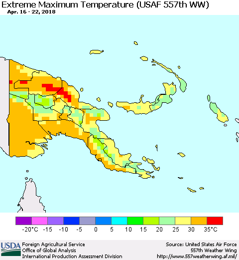 Papua New Guinea Maximum Daily Temperature (USAF 557th WW) Thematic Map For 4/16/2018 - 4/22/2018
