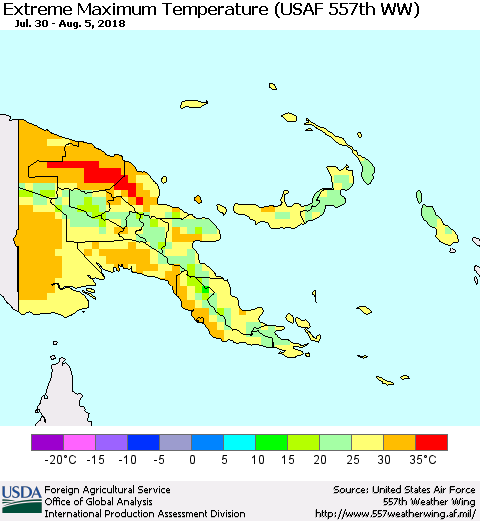 Papua New Guinea Maximum Daily Temperature (USAF 557th WW) Thematic Map For 7/30/2018 - 8/5/2018