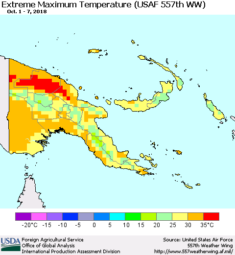 Papua New Guinea Maximum Daily Temperature (USAF 557th WW) Thematic Map For 10/1/2018 - 10/7/2018