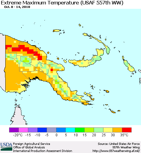 Papua New Guinea Maximum Daily Temperature (USAF 557th WW) Thematic Map For 10/8/2018 - 10/14/2018
