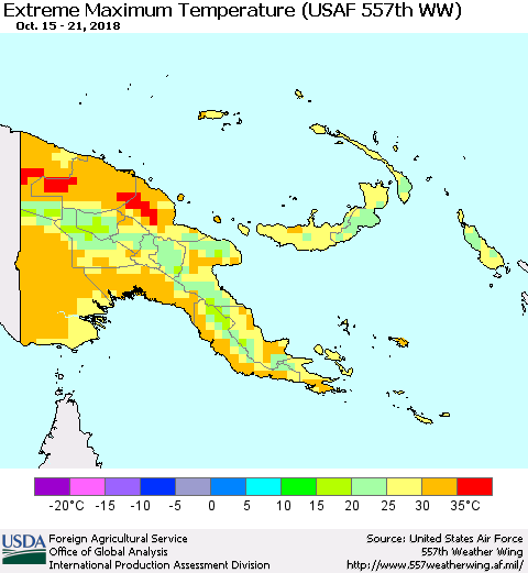 Papua New Guinea Maximum Daily Temperature (USAF 557th WW) Thematic Map For 10/15/2018 - 10/21/2018