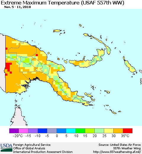 Papua New Guinea Maximum Daily Temperature (USAF 557th WW) Thematic Map For 11/5/2018 - 11/11/2018