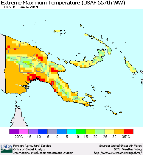Papua New Guinea Maximum Daily Temperature (USAF 557th WW) Thematic Map For 12/31/2018 - 1/6/2019