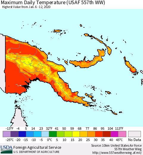Papua New Guinea Maximum Daily Temperature (USAF 557th WW) Thematic Map For 1/6/2020 - 1/12/2020